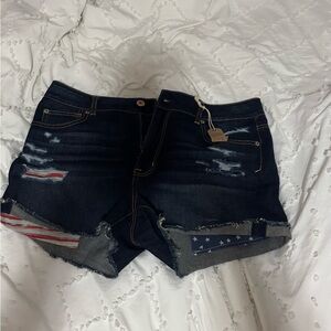 American Eagle Outfitters Dark Blue Distressed Denim Shorts with Flag Insets